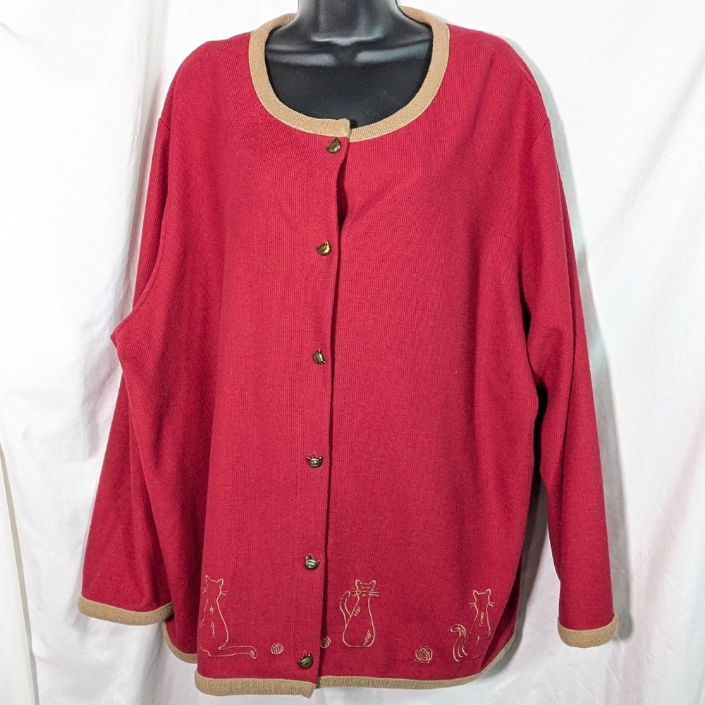 CJ Banks Lightweight Knit Subtle Cat Cardigan Embroidered Grannycore Red Tan 3X